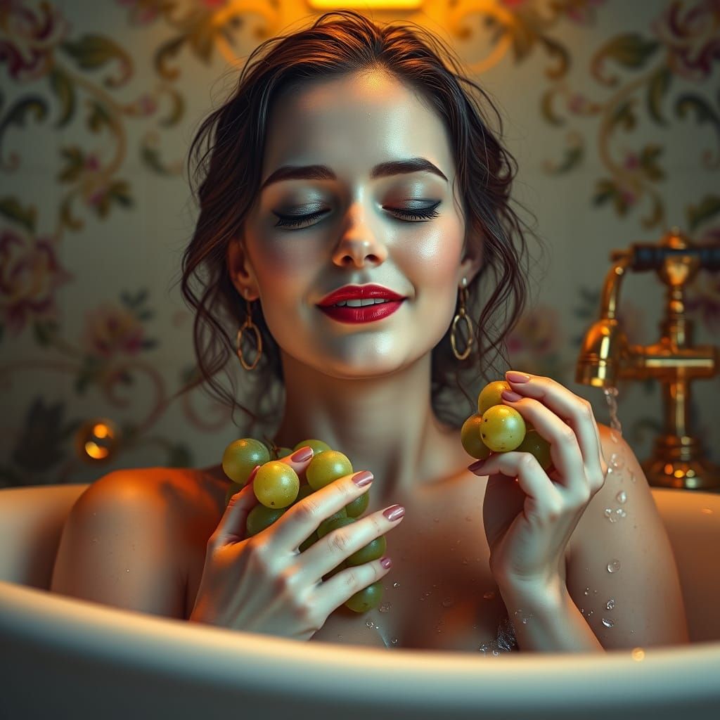 Serene Woman in Art Nouveau-Inspired Luxury Bath Scene