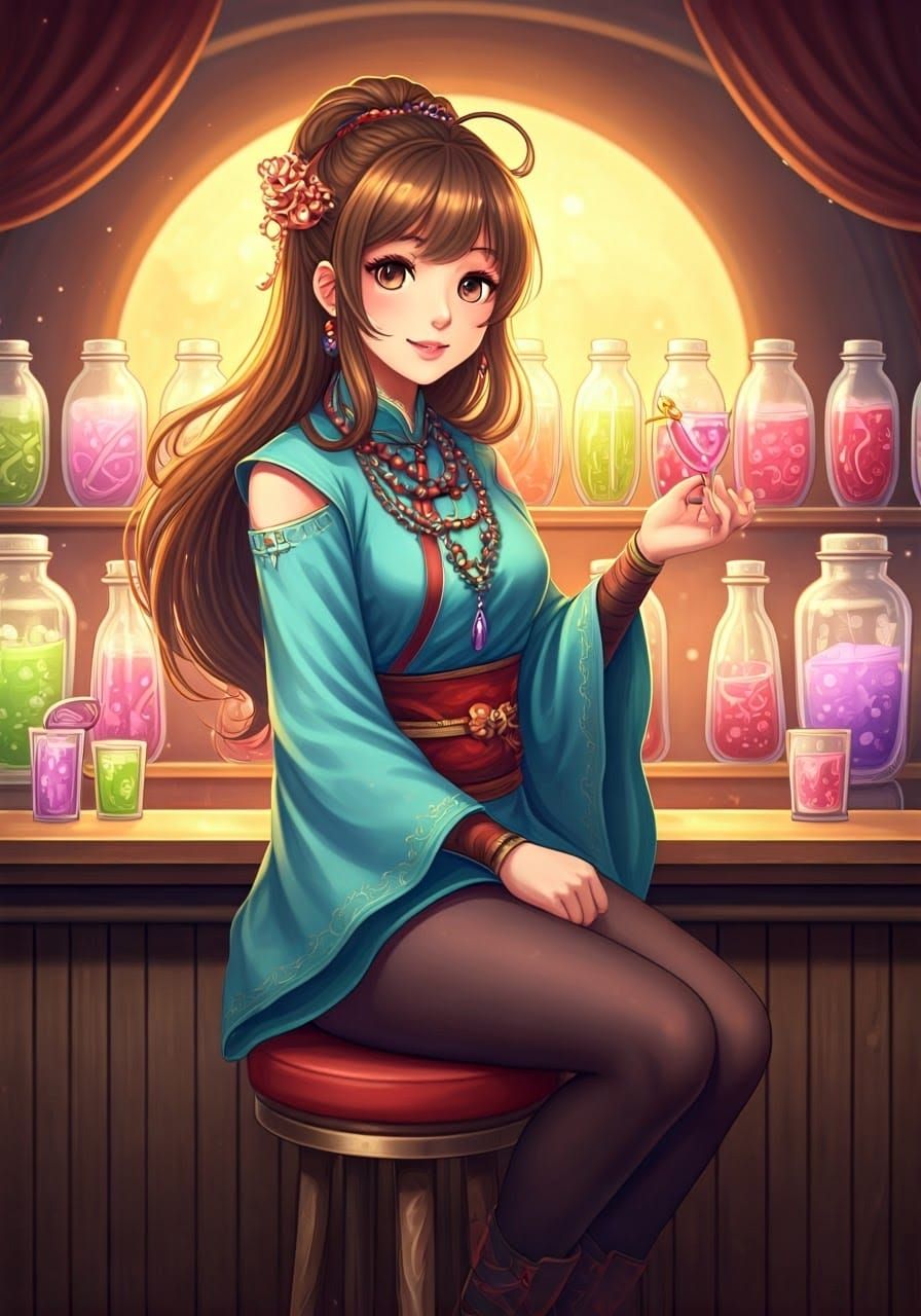 Anime Woman at Enchanted Soda Potion Fountain