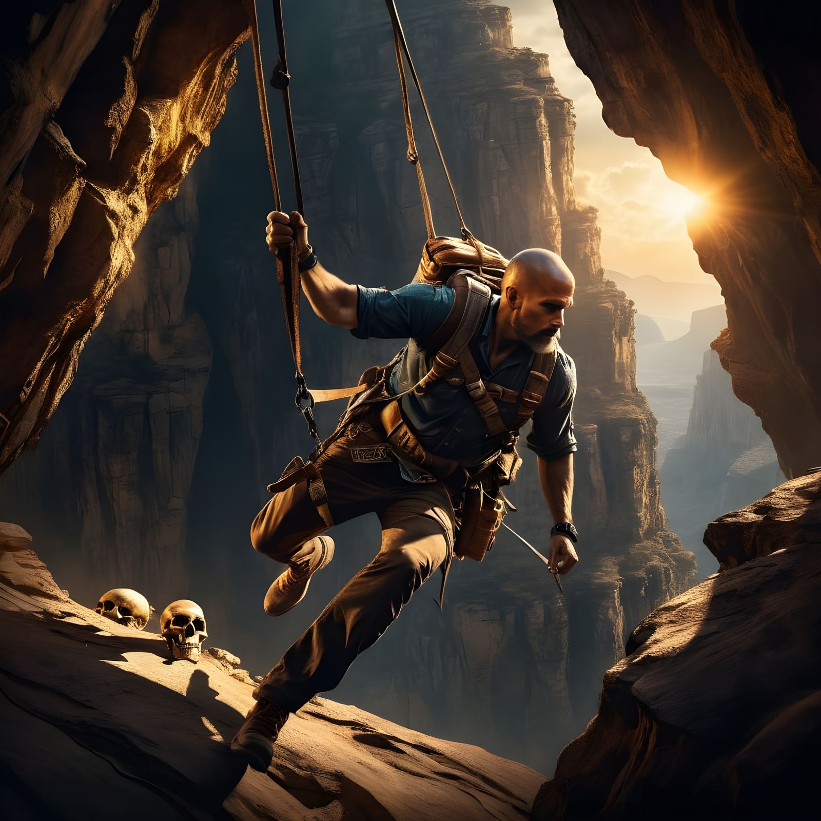 Adventurer Swinging Across Canyon to Skull Cave