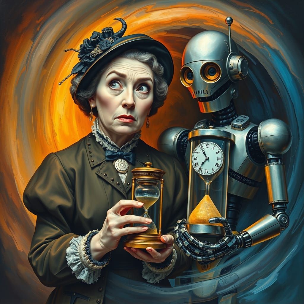Vintage Woman and Cyborg Robot in Surreal Time Portal