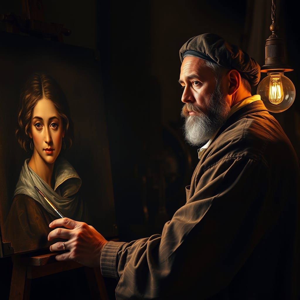 Artist Paints Woman's Portrait in Renaissance Studio