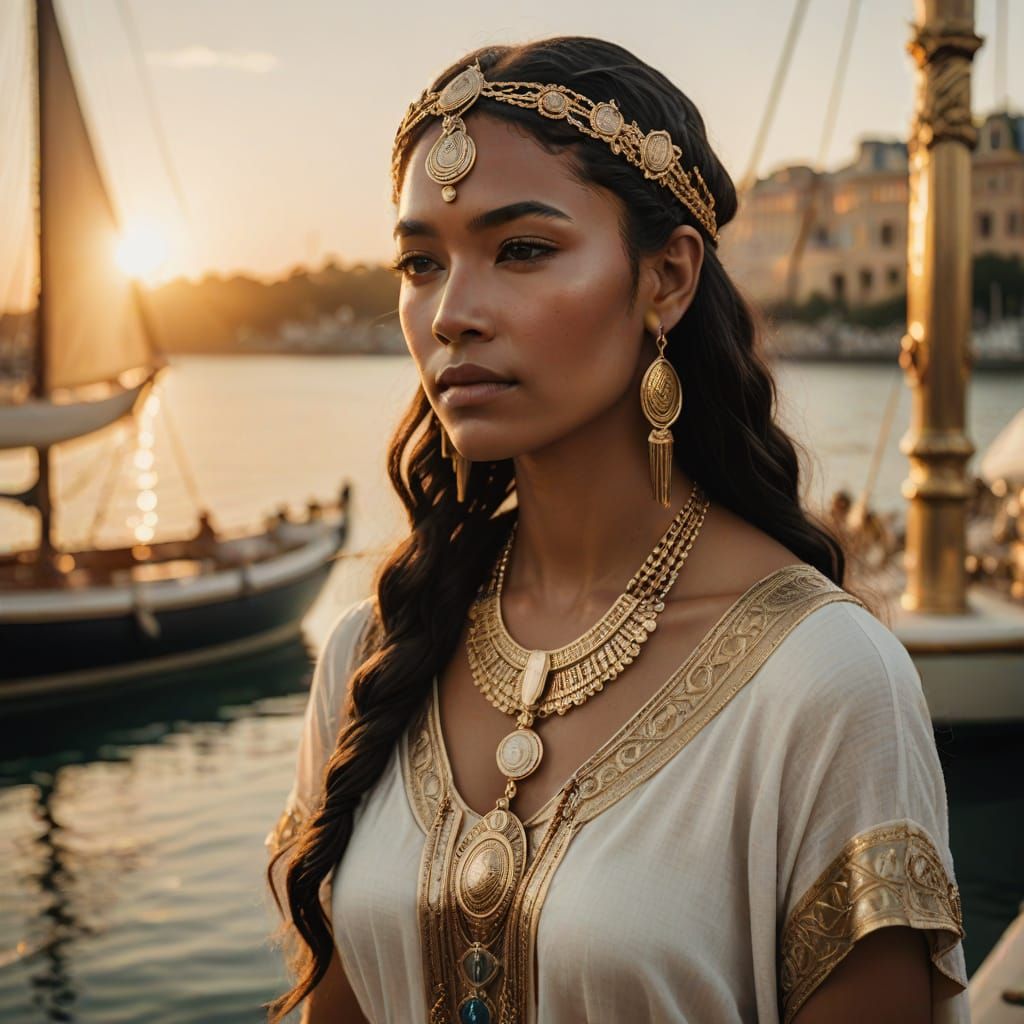 Regal Woman in Golden Splendor, Ancient Egyptian Revival Sty...