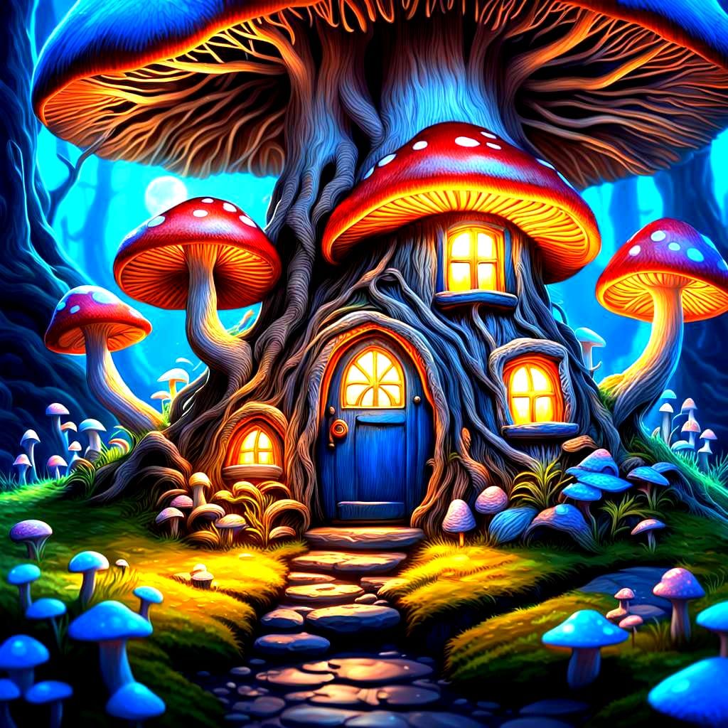 Bioluminescent Mushroom Gnome Home in HDR