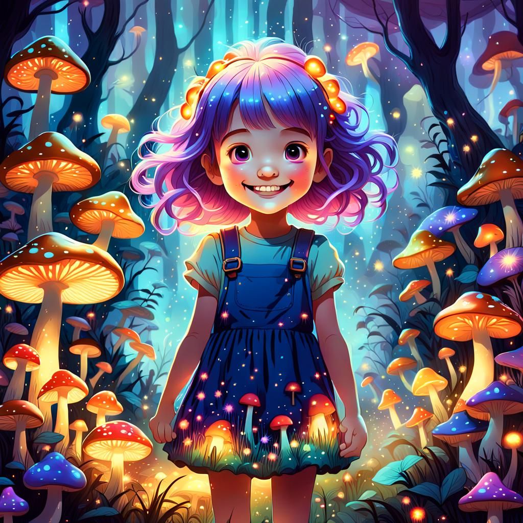 Kawaii Girl in Bioluminescent Garden, Fantasy Illustration