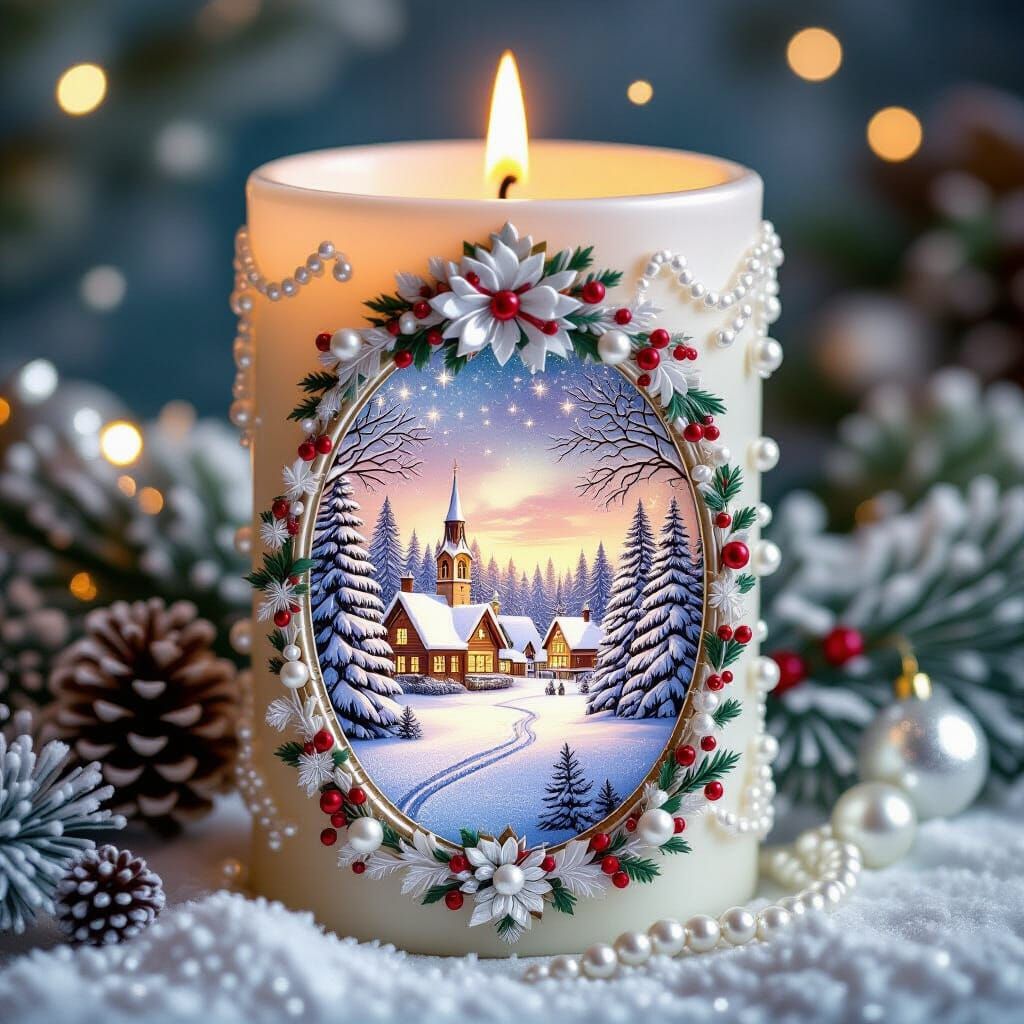 Ornate Christmas Candle with Winter Village Scene