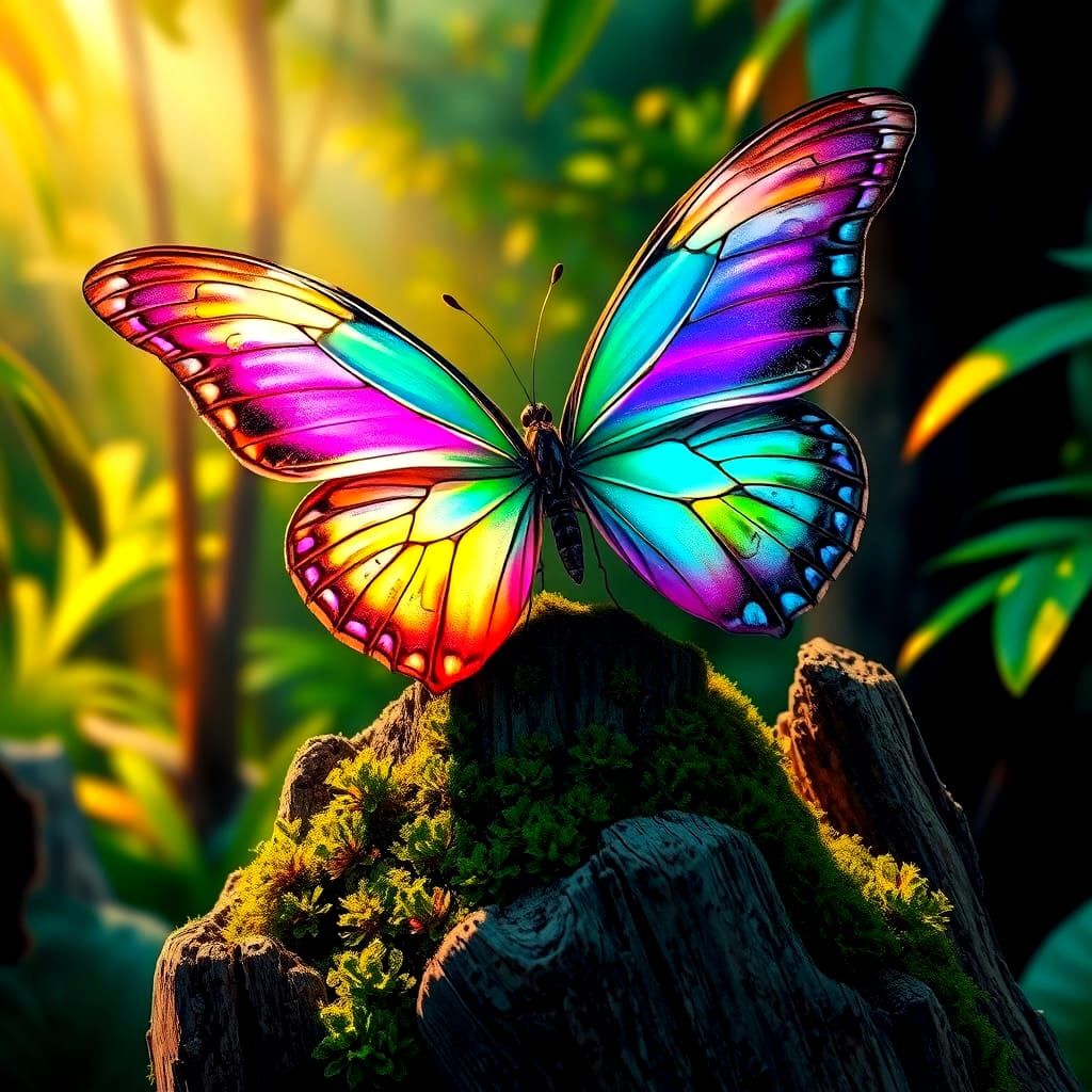Vibrant Butterfly on Fallen Tree Stump in Jungle
