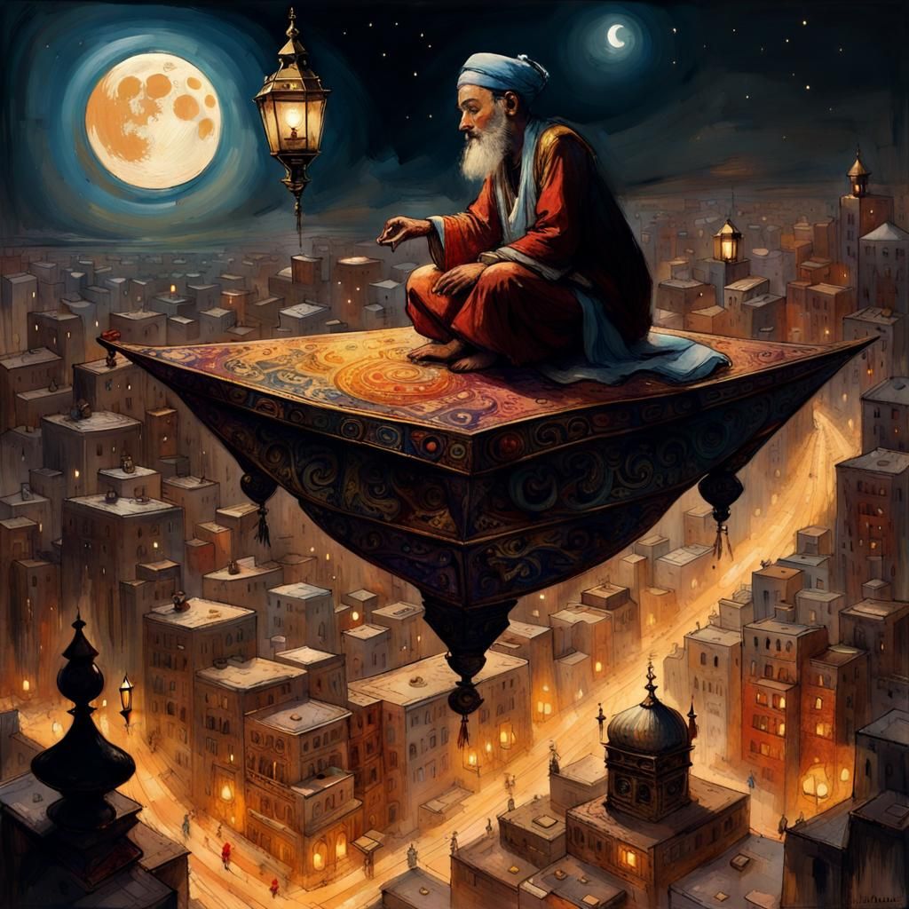 Aladdin and Genie Over Baghdad in Collage Art