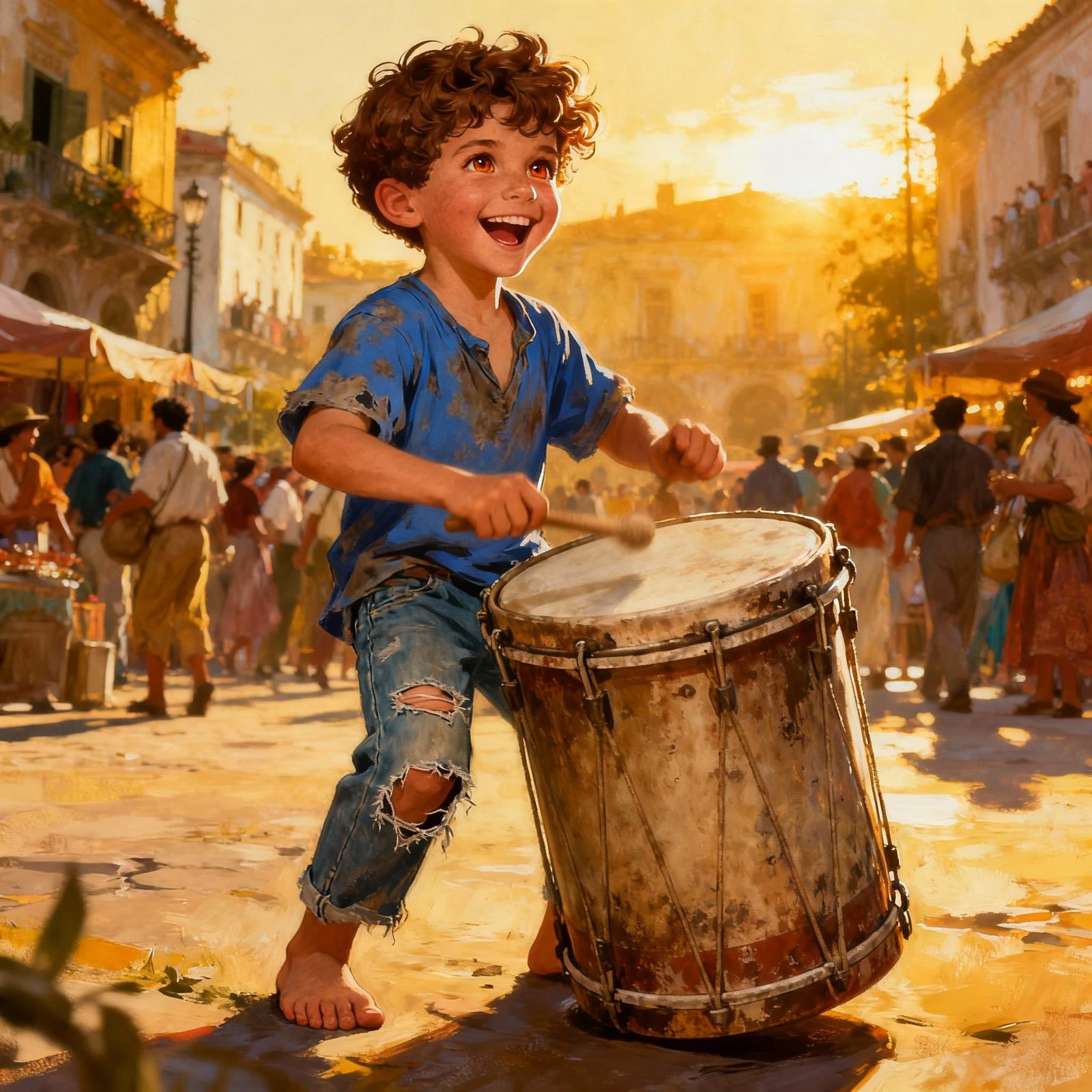 Joyful Child Drummer in Golden Afternoon Light