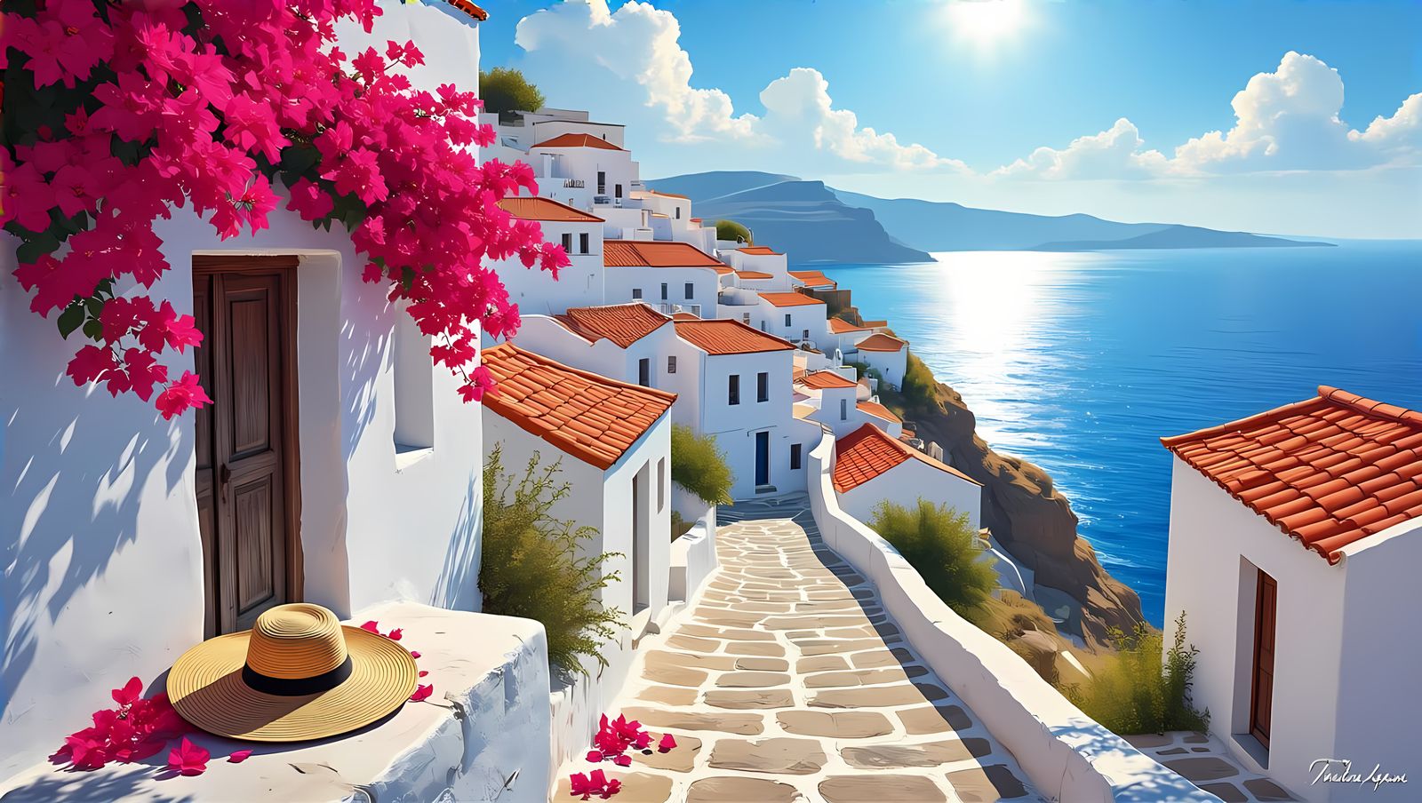 Greek Island Village Under Intense Midday Sun