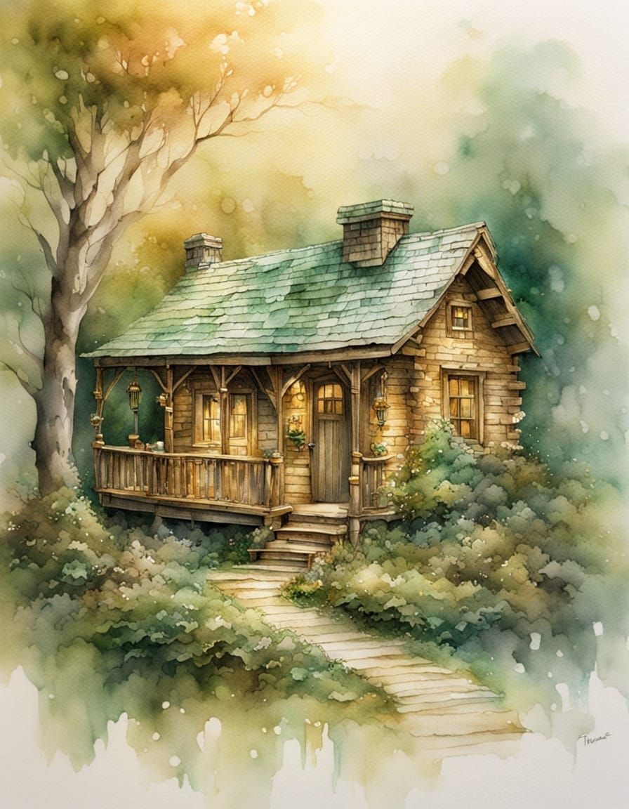 Ethereal Gold Cabin Adorned with Emeralds in Watercolour