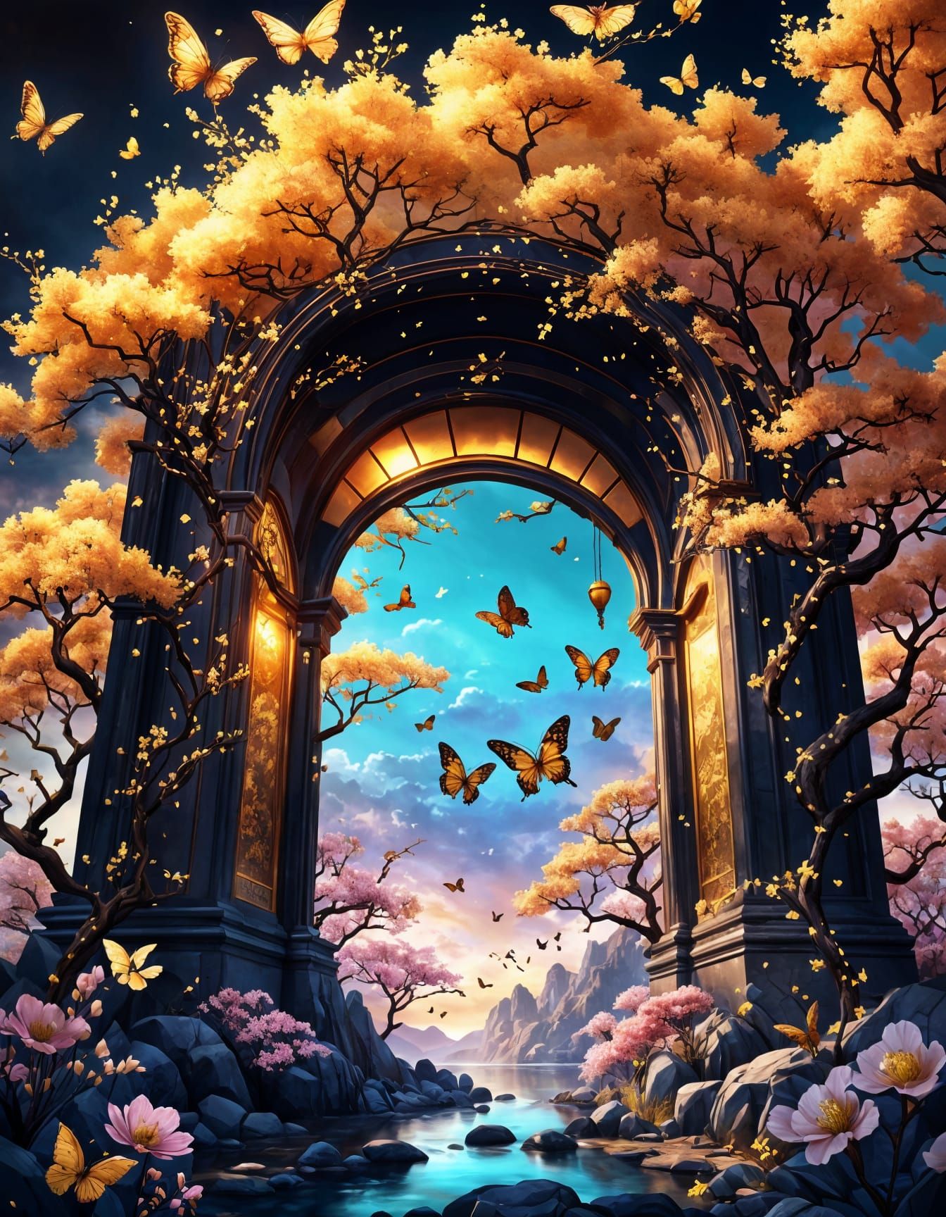 Fantasy Landscape with Cherry Blossoms and Gold Accents