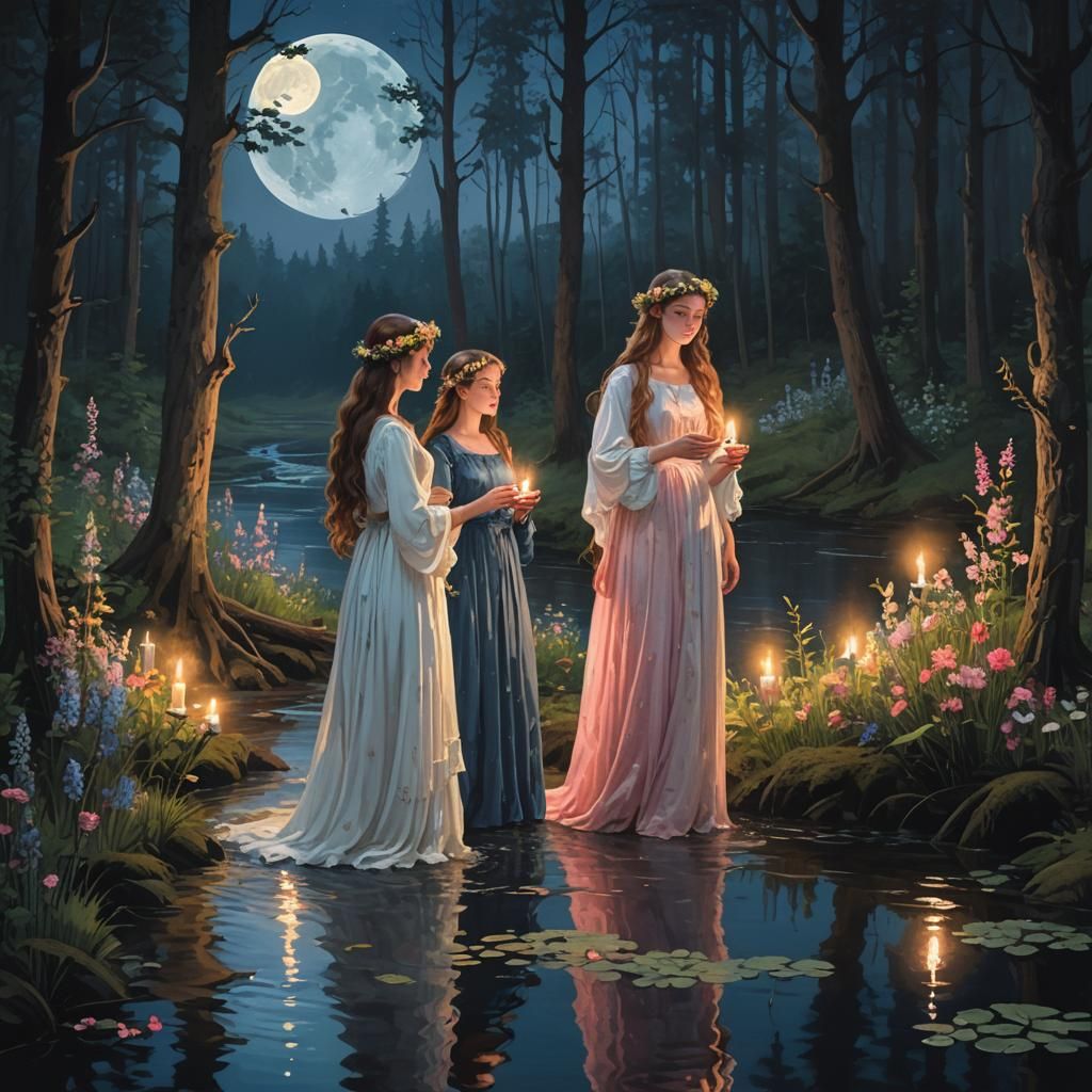 Moonlit Forest Stream with Women in Floral Wreaths