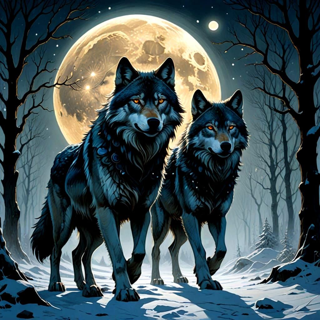 Mythical Wolves Chase Celestial Bodies in Norse Style