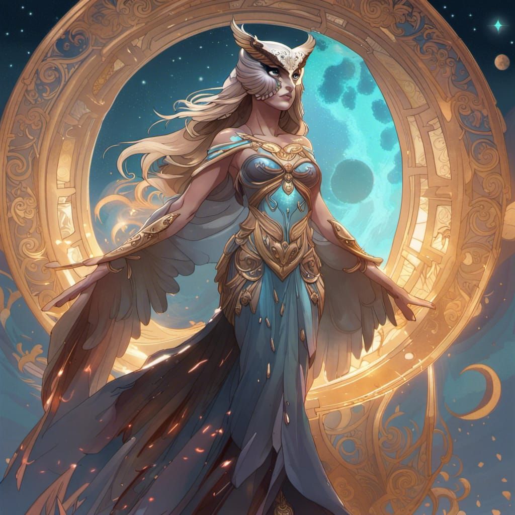 Owl Goddess Portrait in Art Nouveau Style