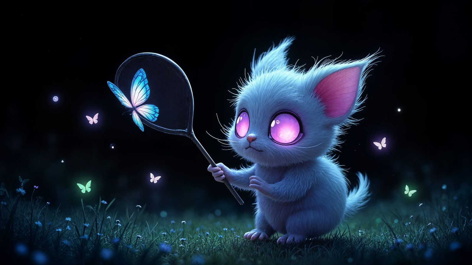 Surreal Creature Chasing Bioluminescent Butterflies