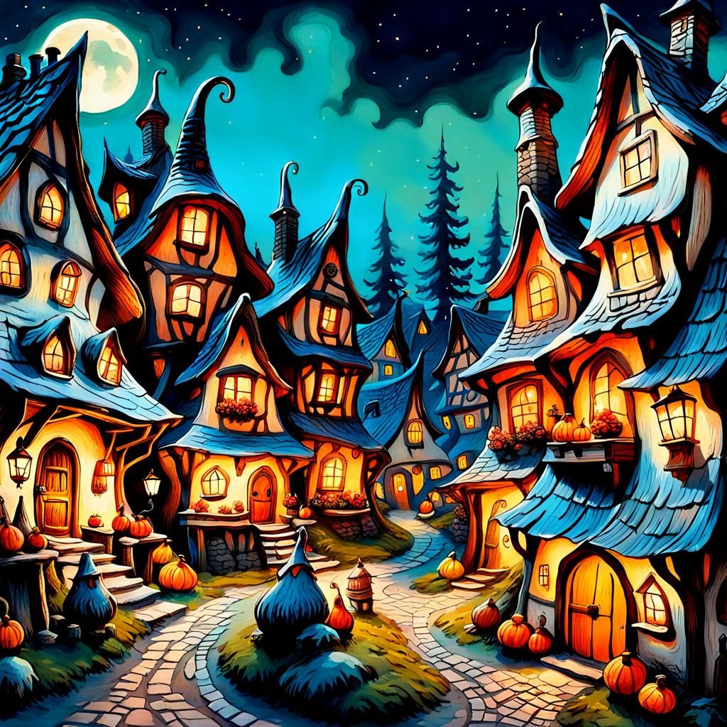Gnome Village: Whimsical Fantasy in Oil Painting Style