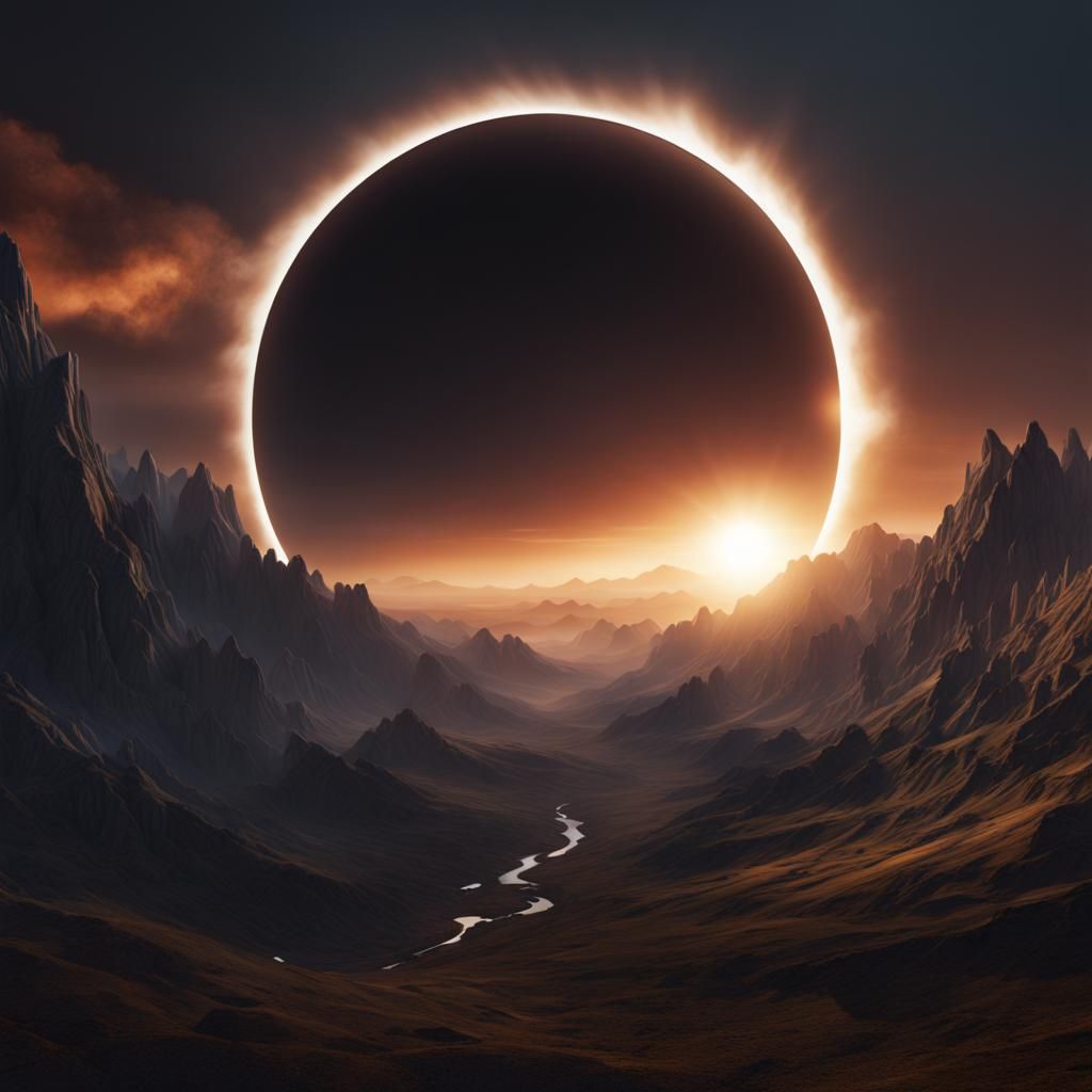 Ominous Total Solar Eclipse Over Dark Landscape