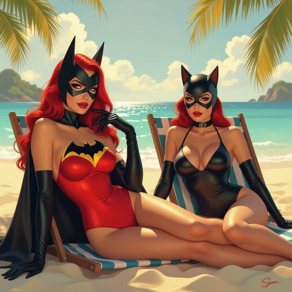 Batwoman and Catwoman: Beachside Relaxation in Artistic Styl...