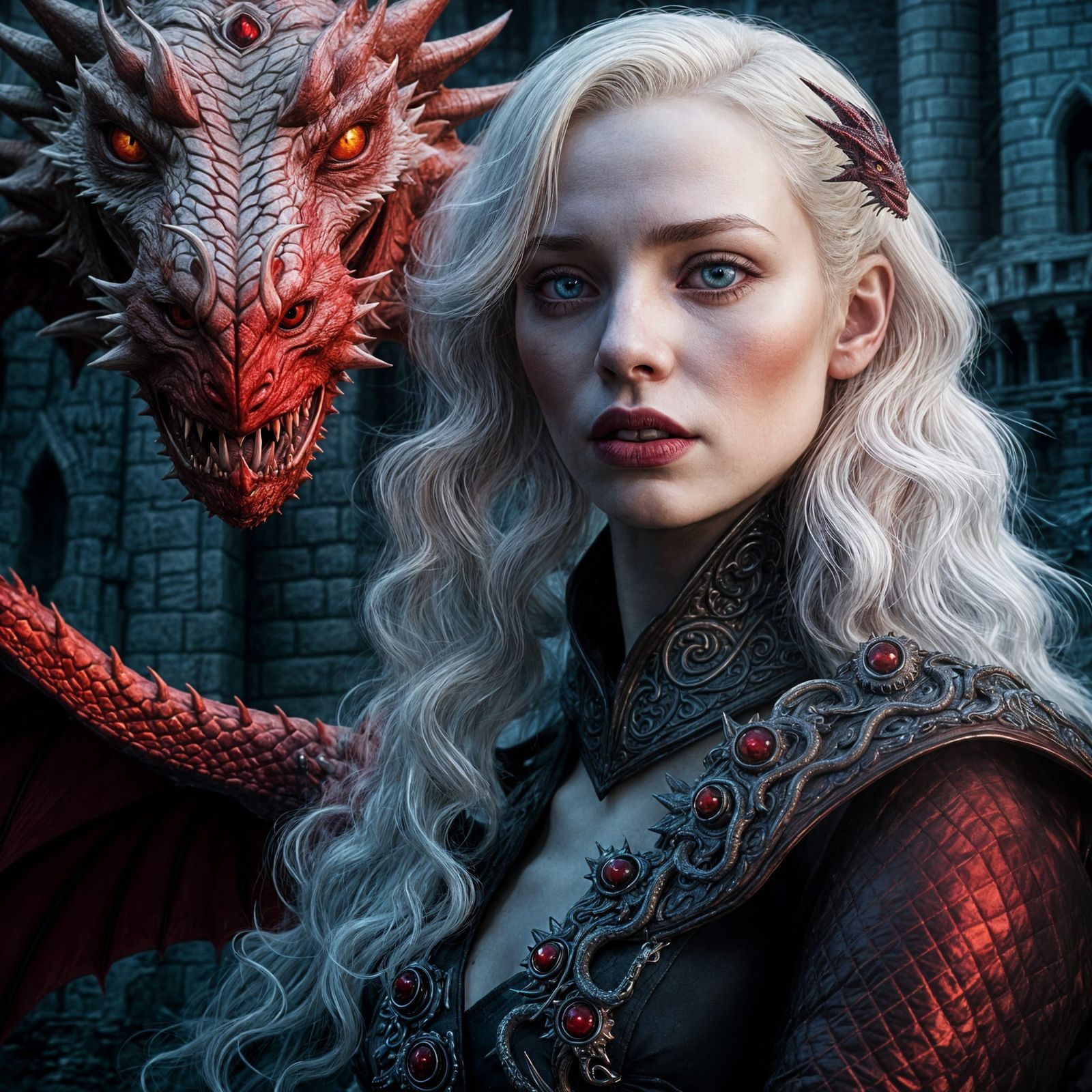 Albino Woman on Red Dragon, Dark Fantasy Art