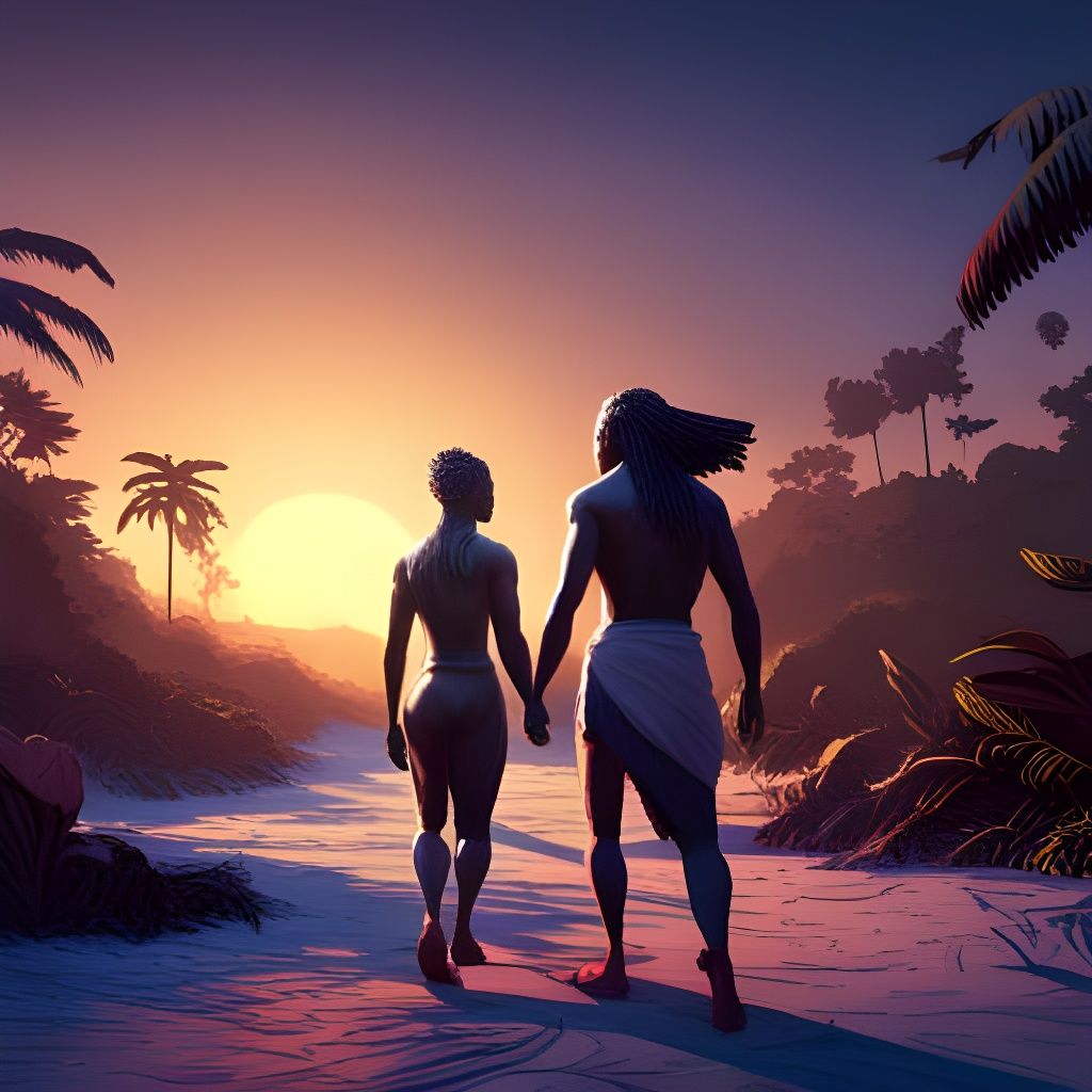 Amazon Sunset: Two Figures in a Lush Forest