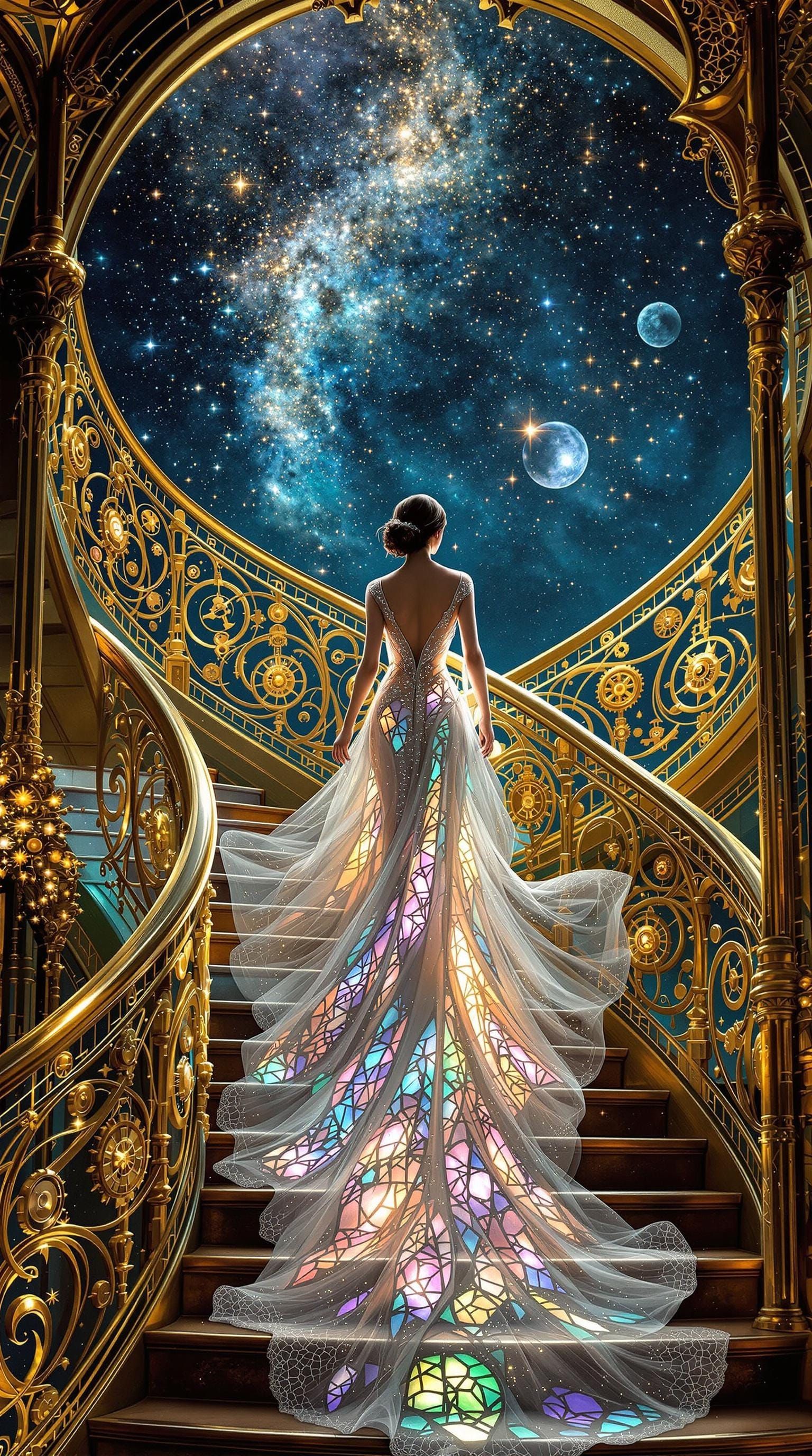 Ethereal Goddess Ascends Majestic Staircase in Cyberpunk Art...