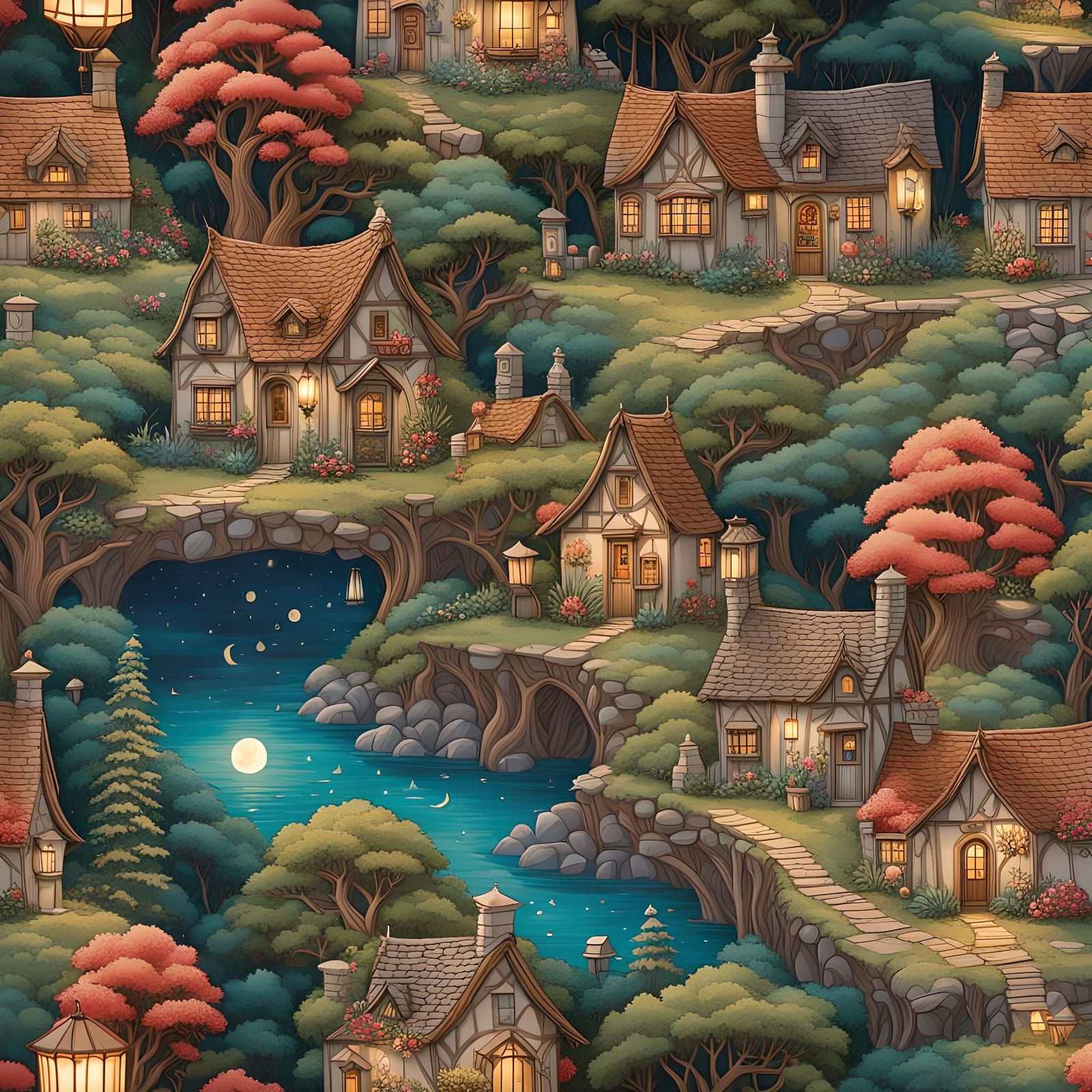 Intricate Fairy Village Tapestry