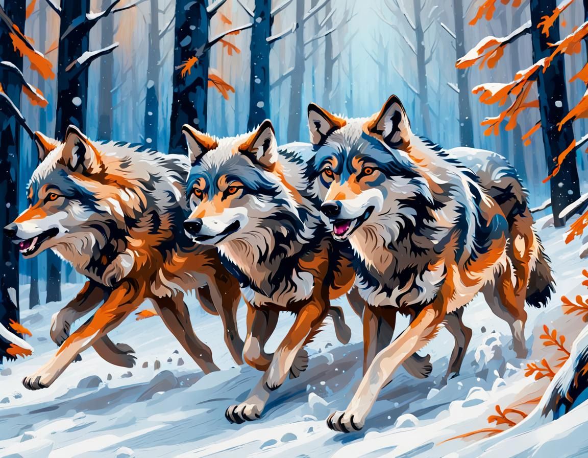 Wolves in Snow: Abstract Expressionist Impasto Painting