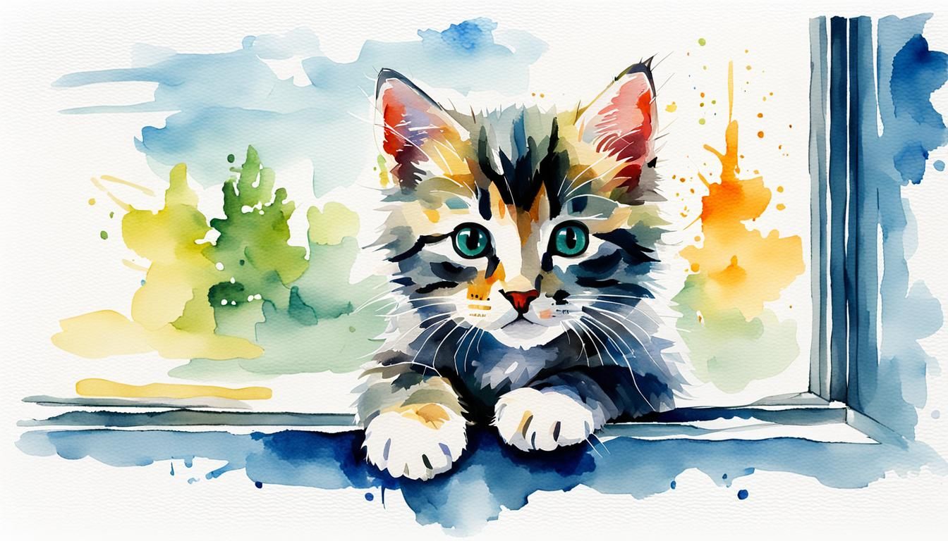 Cute Kitten in Watercolor Style