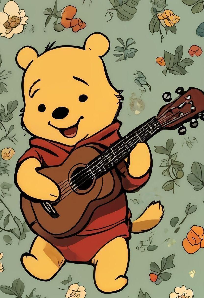 Winnie the Pooh Plays Ukulele in Anime Style