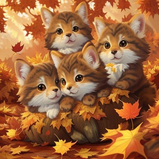 Cute Animals Playing in Vibrant Autumn Leaves Digital Painti...