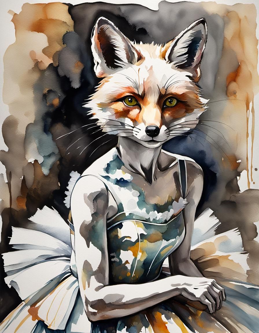 Athletic Fox Ballerina in Impressionist Gouache Style
