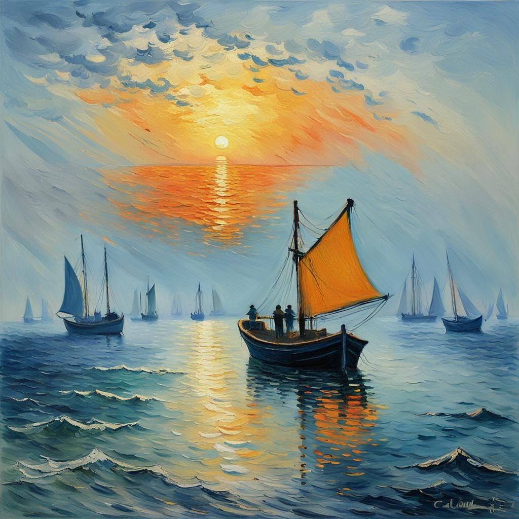 Impressionist Fishing Boat at Sunrise with Nets