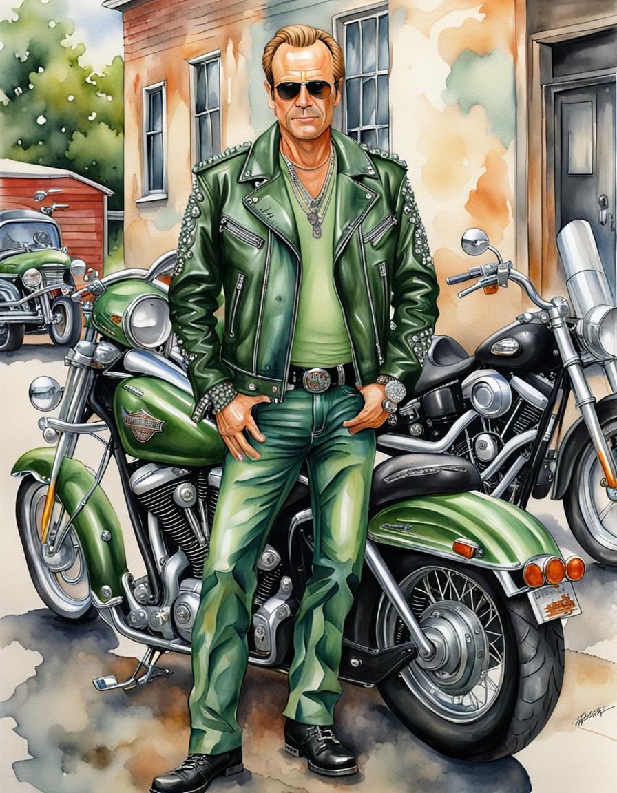 Cartoon Watercolor of Biker With Motorcycle