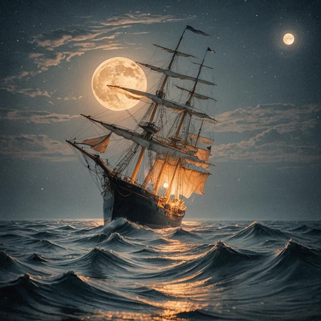Ship at Midnight: Seascape Photography with Full Moon