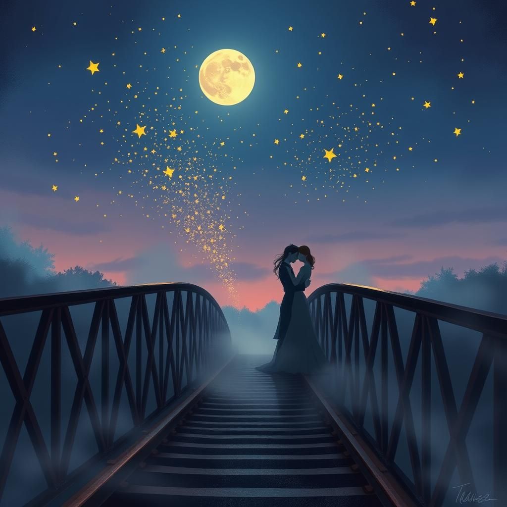 Romantic Moonlit Embrace on Victorian Bridge