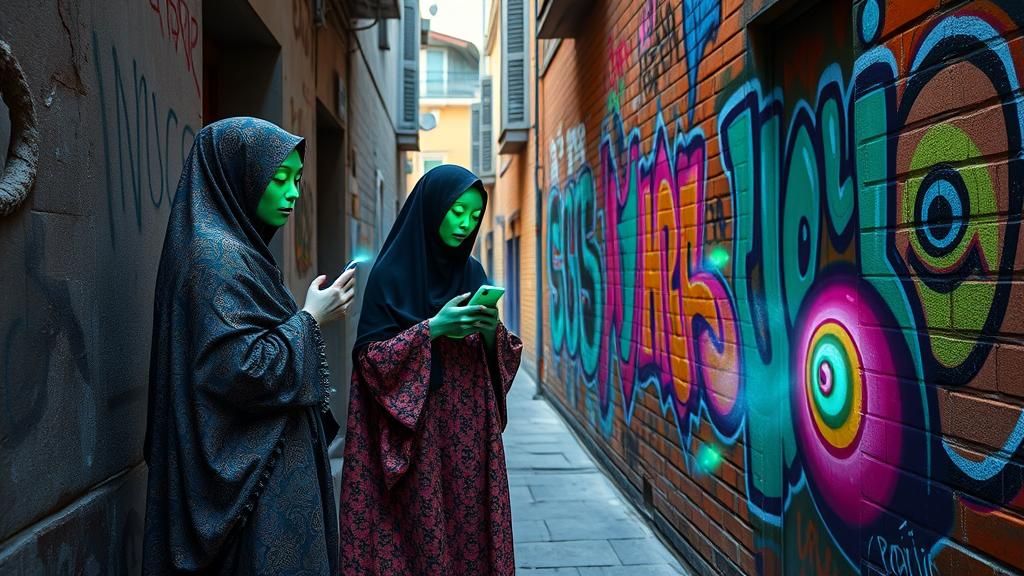Women in Burkas with Graffiti Art
