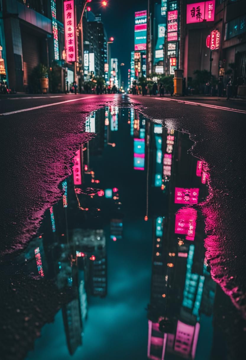 Neon Cityscape Reflection in Night Puddle
