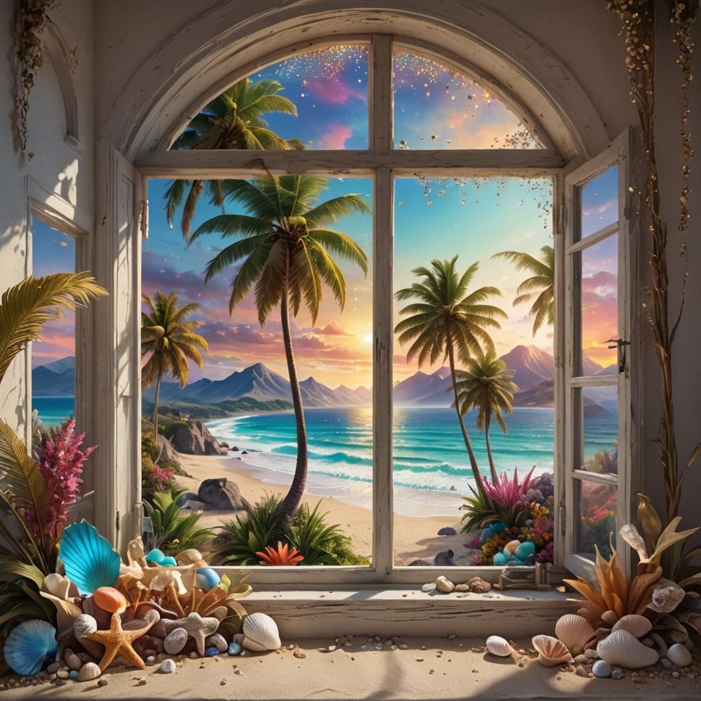 Luminescent Beach Scene Through a Window