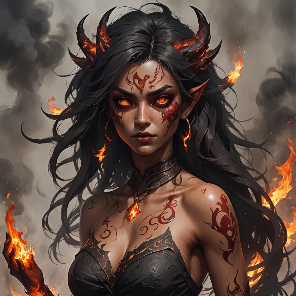 Female Fire demon aged 18, Deep red skin, Black, unruly and ...