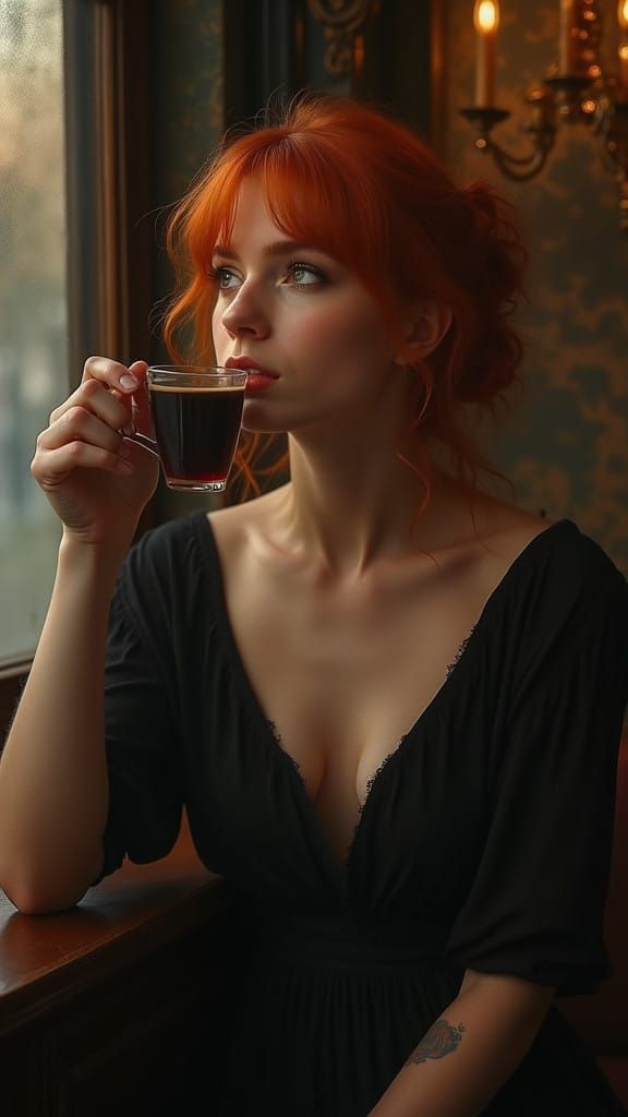 Enigmatic Irish Goddess Lost in Coffeehouse Reflection