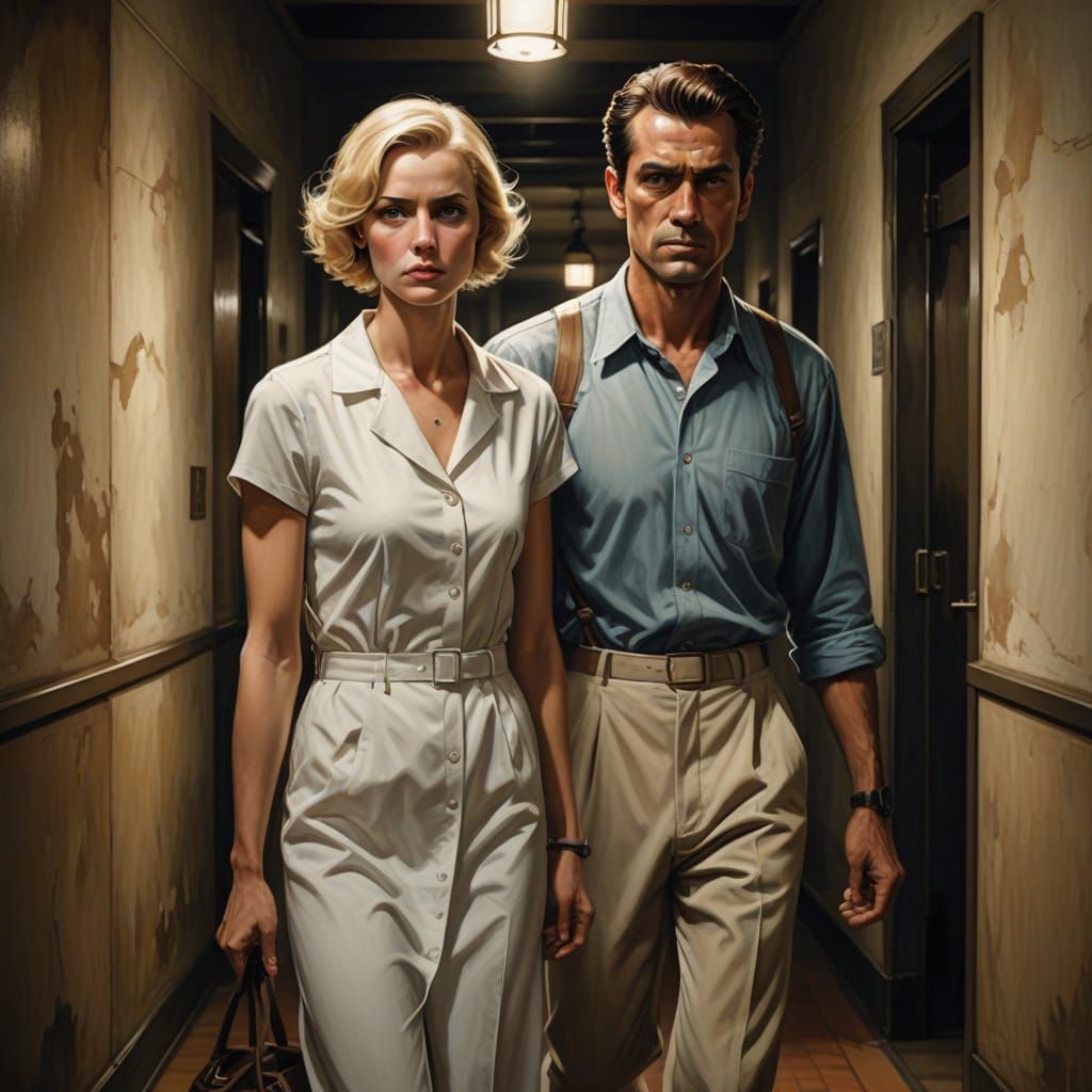 Dramatic Film Noir Scene: Woman Carrying Man