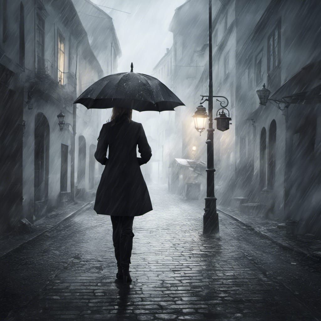 Rainy Nordic Village: Woman with Umbrella