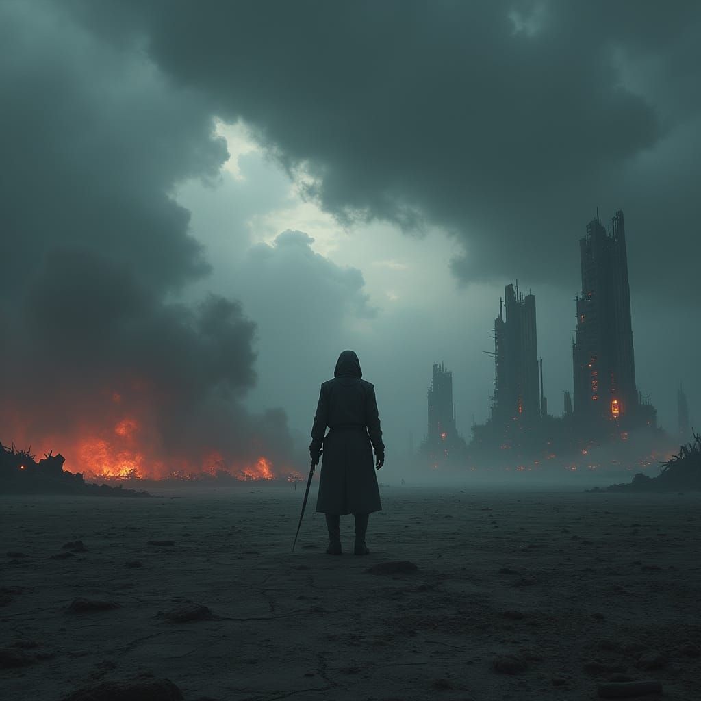 Desolate Figure Stands in a Futuristic Post-Apocalyptic Wast...