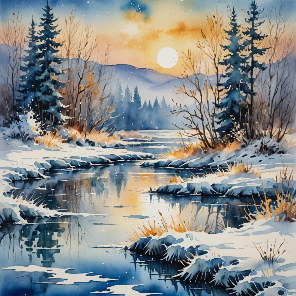 Watercolor Winter Landscape in Golden Light