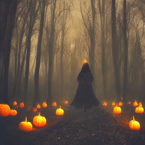 Eerie Witch in Forest of Jack-o'-Lanterns