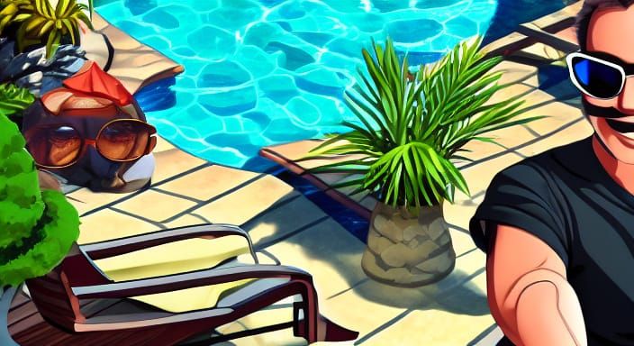 Dad with Sunglasses in Anime Style by Pool
