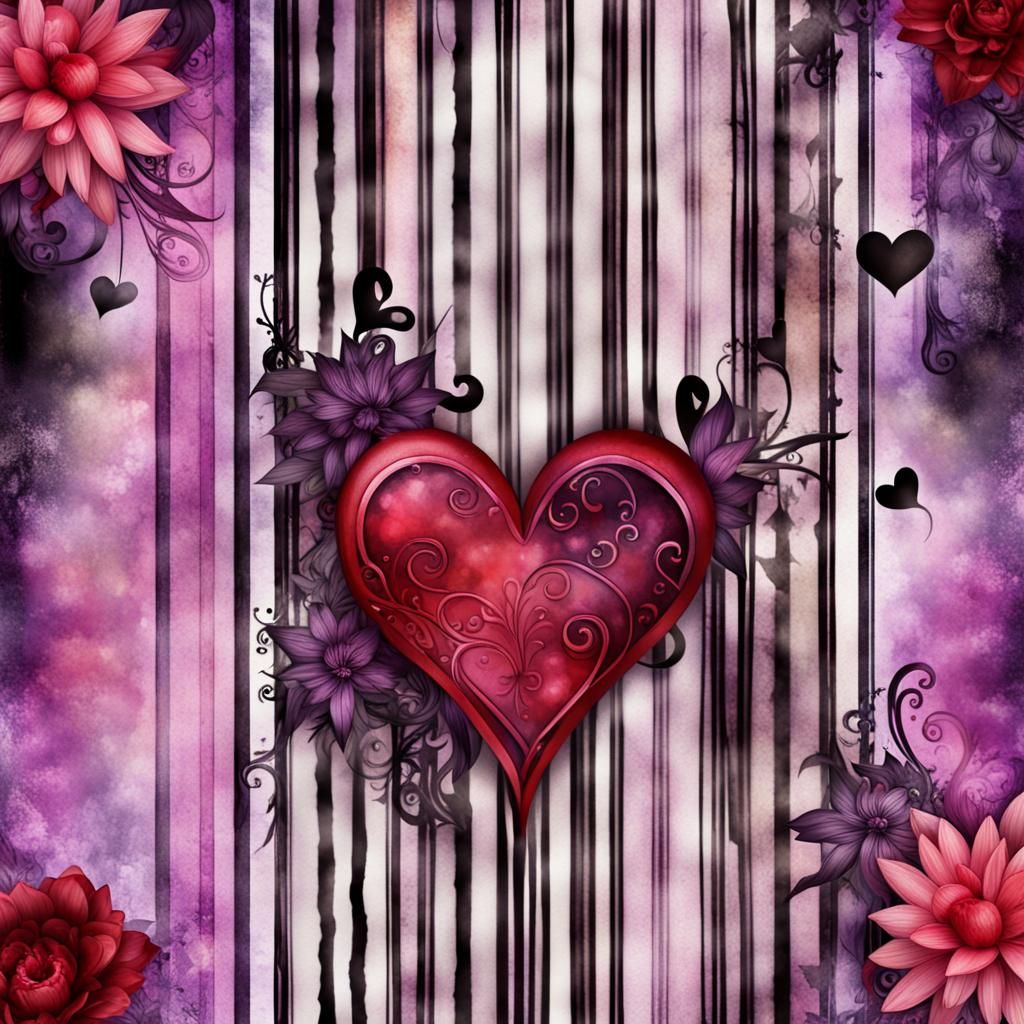 Romantic Gothic Hearts on Floral Scrapbook Paper