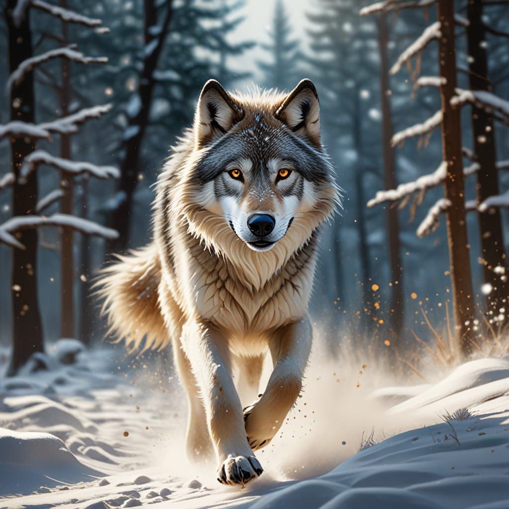 Wolf Running in Snow: Vibrant Oil Painting