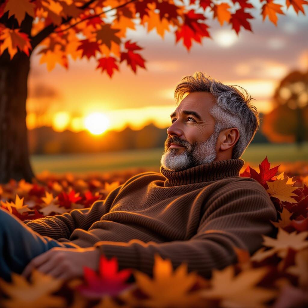 Man Observes Autumn Leaves in Hyperrealistic Style