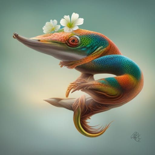 Salamander Ikebana: Hyperdetailed Art Nouveau Portrait